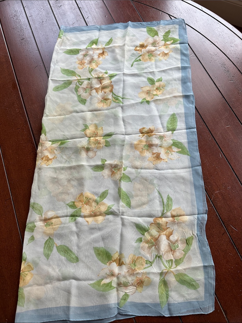 Ann Taylor Light Blue and Cream Floral Table Scarf